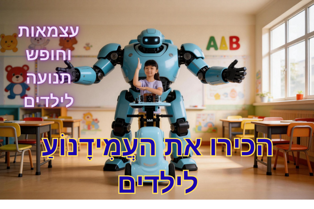 ילד יושב על כיסא גלגלים XZ Droid Kids עם רובוט צעצוע בסביבת כיתה